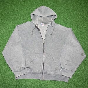 Vintage 90s Russell Athletic Zip Up Hoodie, Grey Sweatshirt, Minimalist (Large)